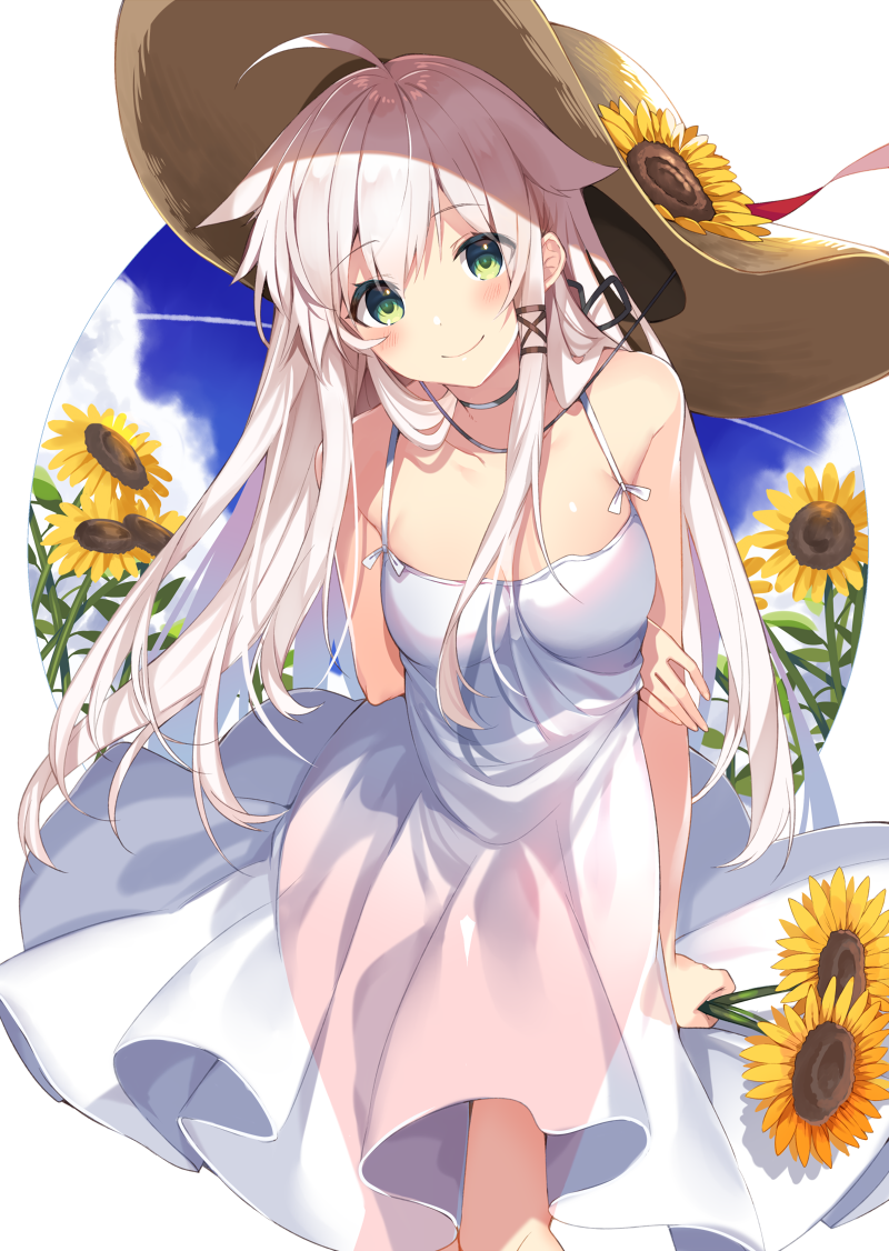 1girl ahoge anceril_sacred arm_behind_back bare_arms bare_shoulders black_ribbon blue_sky blush breasts brown_headwear choker closed_mouth cloud collarbone commentary_request condensation_trail dress flower green_eyes hair_flaps hair_ribbon hat hat_flower holding holding_flower long_hair looking_at_viewer medium_breasts mishima_kurone red_ribbon ribbon shirokami_project sidelocks sky sleeveless sleeveless_dress smile solo spaghetti_strap standing sun_hat sundress sunflower white_dress white_hair yellow_flower