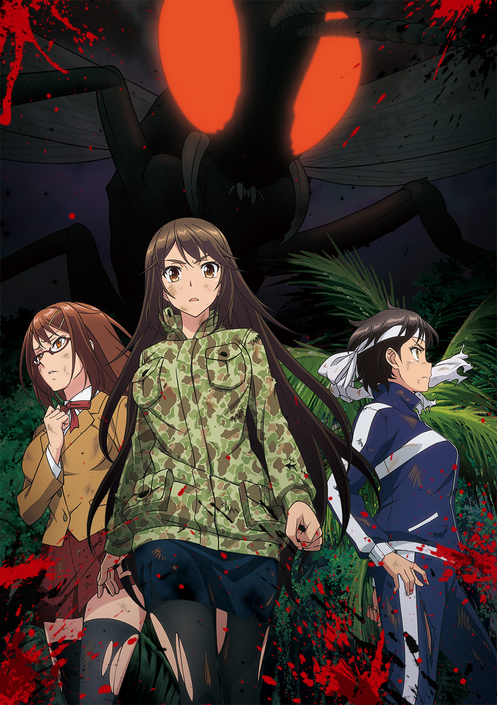 3girls blood blood_splatter blue_skirt bow bowtie brown_eyes brown_hair bug camouflage_jacket dirty_clothes dirty_face forest giant_insect glasses headband highres insect jacket kyochuu_rettou long_hair matsuoka_ayumi miniskirt multiple_girls naruse_chitose nature night noguchi_takayuki official_art oribe_mutsumi outdoors pants pantyhose plant red_neckwear red_skirt school_uniform short_hair skirt sportswear thighhighs torn_clothes torn_legwear torn_pants track_jacket