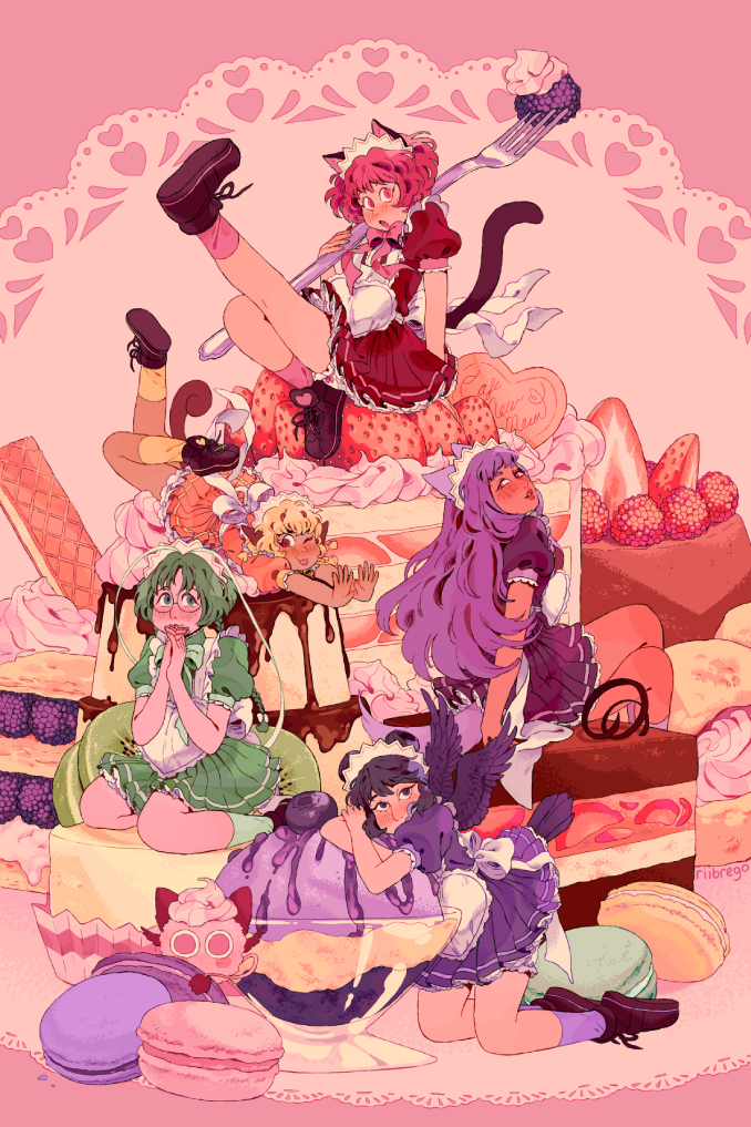 5girls ;p aizawa_mint animal_ears apron bird_tail black_hair black_wings blonde_hair blueberry blush bow braid brown_dress brown_eyes cake cat_ears cat_tail commentary crossed_legs dog_ears dog_tail doily double_bun dress english_commentary feathered_wings fong_pudding food fork frilled_apron frills fruit fujiwara_zakuro glasses green_bow green_dress green_eyes green_hair green_legwear hands_clasped headdress heart holding holding_fork ice_cream kneeling leg_up legs_up long_hair lying macaron midorikawa_lettuce momomiya_ichigo multiple_girls on_stomach one_eye_closed orange_dress oversized_food oversized_object own_hands_together pink_background pink_bow pink_eyes pink_hair pudding puffy_short_sleeves puffy_sleeves purple_dress purple_eyes purple_hair purple_legwear rii_abrego round_eyewear shoes short_hair short_sleeves sitting socks strawberry tail tokyo_mew_mew tongue tongue_out twin_braids waitress wariza white_apron wings yellow_legwear