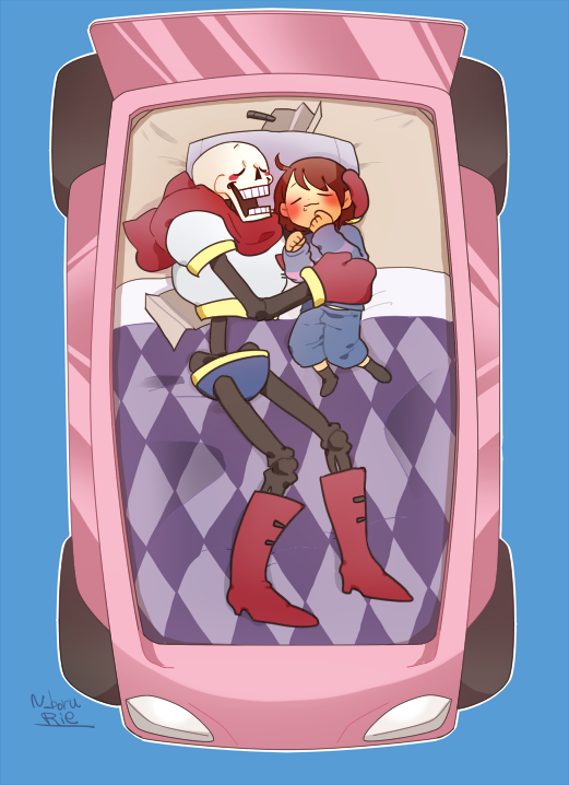 2016 animated_skeleton bed blush bone cape clothing duo human humanoid male mammal not_furry papyrus_(undertale) pillow protagonist_(undertale) rie_(artist) skeleton sleeping sweater topwear undead undertale video_games