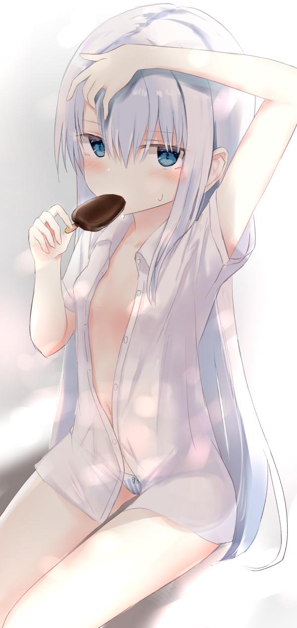 1girl arm_up bare_legs blue_eyes blurry blush bow bow_panties breasts buttons collarbone cowboy_shot dress_shirt eating eyebrows_visible_through_hair food hair_between_eyes hand_up hibiki_(kantai_collection) highres holding holding_food ice_cream kantai_collection light_particles long_hair looking_at_viewer navel no_bra no_pants panties popsicle see-through shirt short_sleeves sidelocks silver_hair simple_background sitting small_breasts solo striped striped_panties sweat unbuttoned underwear white_shirt yuki_(yukin0128)