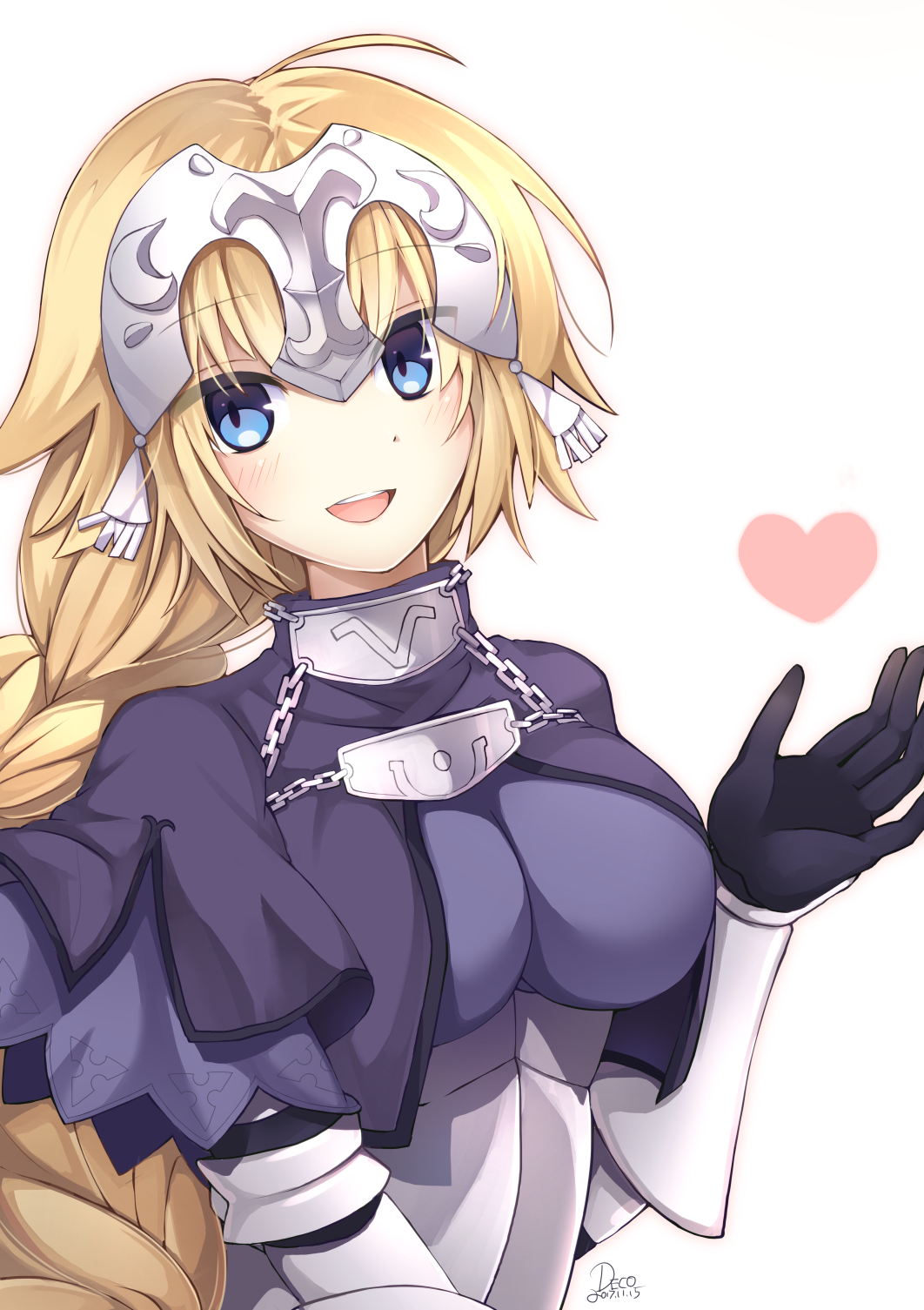 1girl 2017 :d ahoge armor artist_name bangs black_gloves blonde_hair blue_eyes braid breasts capelet chain dated eyebrows_visible_through_hair eyes_visible_through_hair fate/apocrypha fate_(series) gloves hand_up headpiece heart highres jeanne_d'arc_(fate) jeanne_d'arc_(fate)_(all) long_hair medium_breasts misoradeko open_mouth purple_capelet simple_background single_braid smile solo teeth underbust upper_body very_long_hair white_background