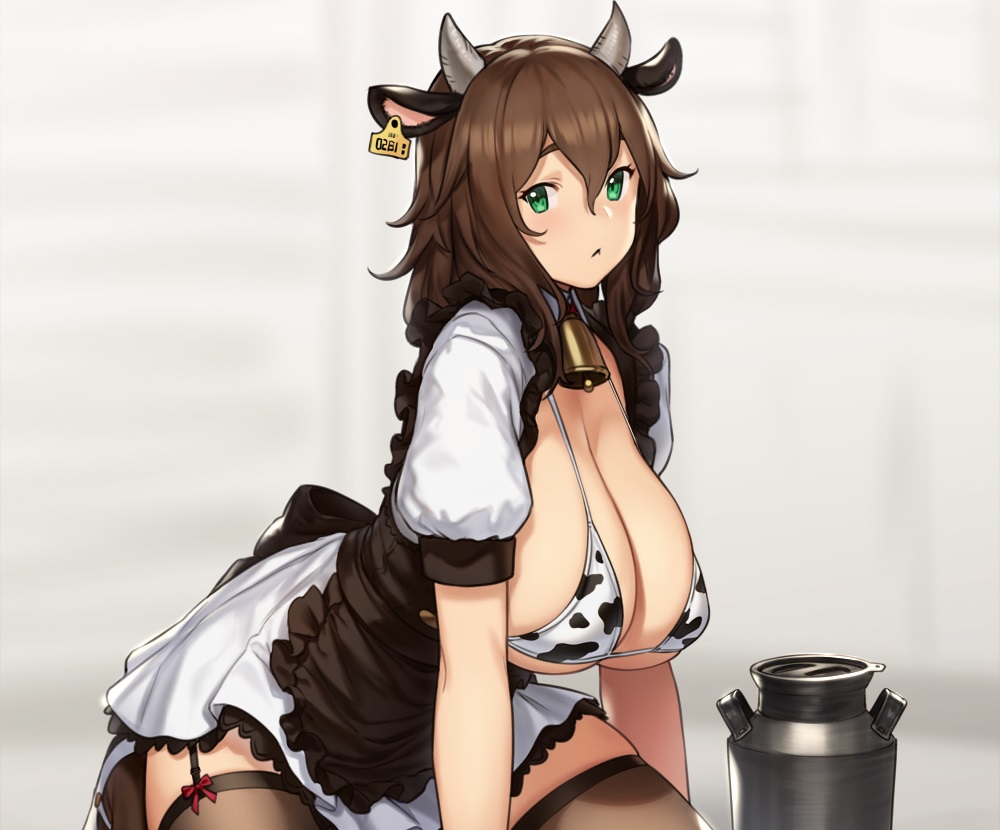 apron bell bikini_top breasts brown_hair cleavage cowgirl cropped garter_belt green_eyes horns houtengeki maid original stockings thighhighs underboob