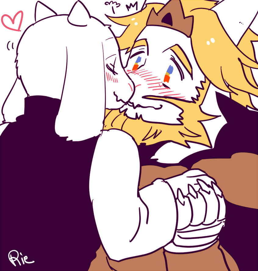 &lt;3 2016 anthro asgore_dreemurr blonde_hair blue_eyes blush boss_monster bovid cape caprine clothing crown duo facial_hair father female fur hair heterochromia horn kemono kissing long_ears long_horns male mammal mature_female mature_male mother orange_eyes parent rie_(artist) robe romantic_couple toriel undertale video_games white_fur