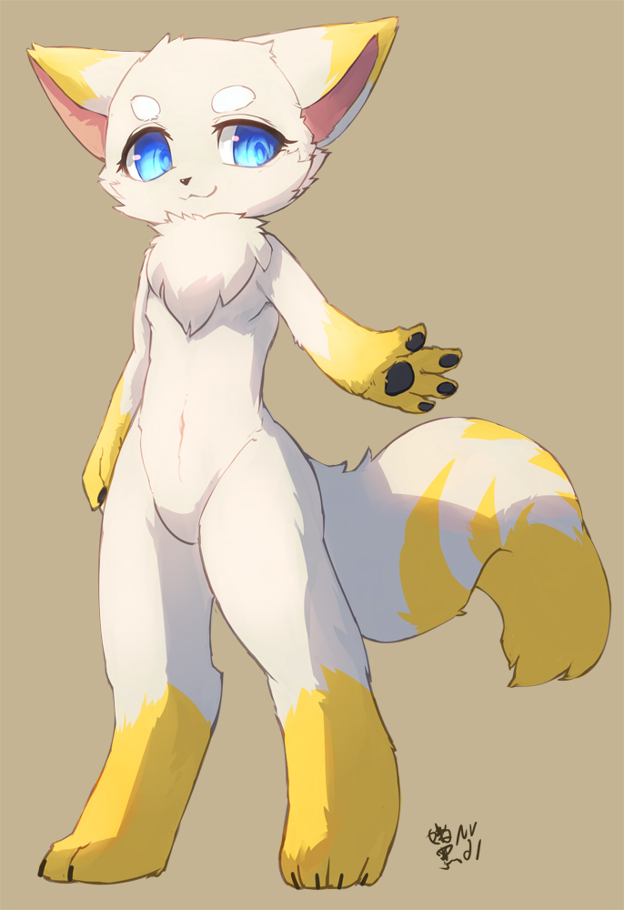 2016 4_fingers anthro biped blue_eyes digitigrade fingers fur linlvjia navel neck_tuft pawpads simple_background solo standing tuft unknown_species white_fur yellow_fur