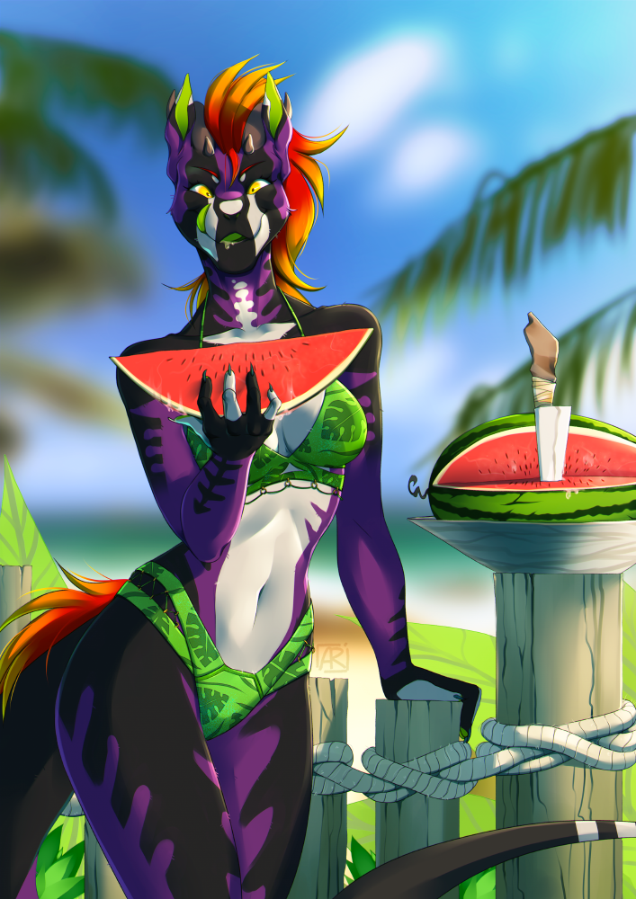 2019 5_fingers anthro breasts day detailed_background digital_media_(artwork) female fingers food fruit hair lizard melon midriff navel non-mammal_breasts outside plant purple_skin rayley reptile scalie sky solo watermelon yellow_eyes
