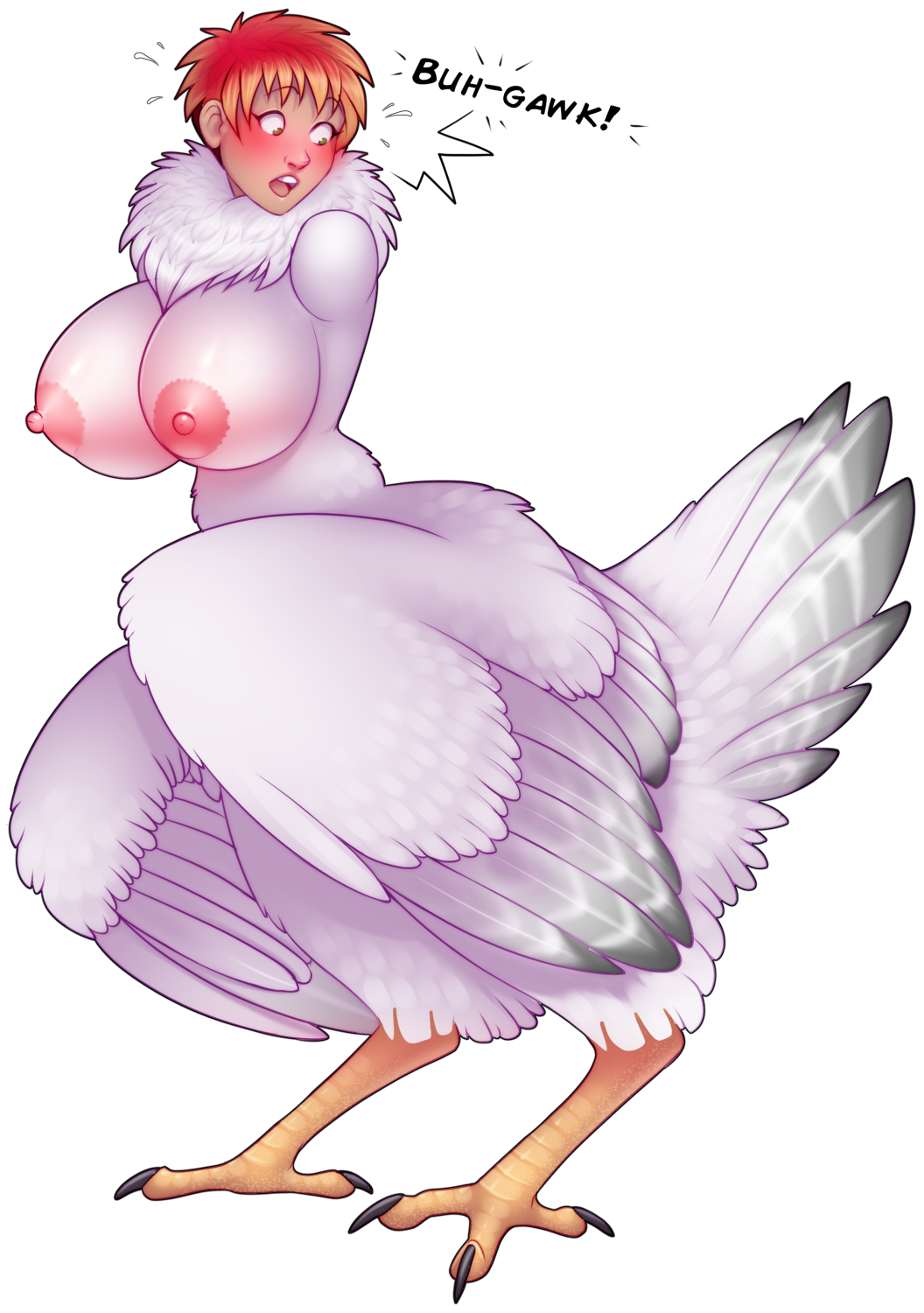 2019 alpha_channel armless avian avian_taur big_breasts bird bird_taur blush bodily_fluids breasts chicken_taur feathers female flying_sweatdrops hair hi_res kyla_thompson maws-paws nipples open_mouth short_hair simple_background solo standing surprise sweat sweatdrop taur transformation transparent_background wings