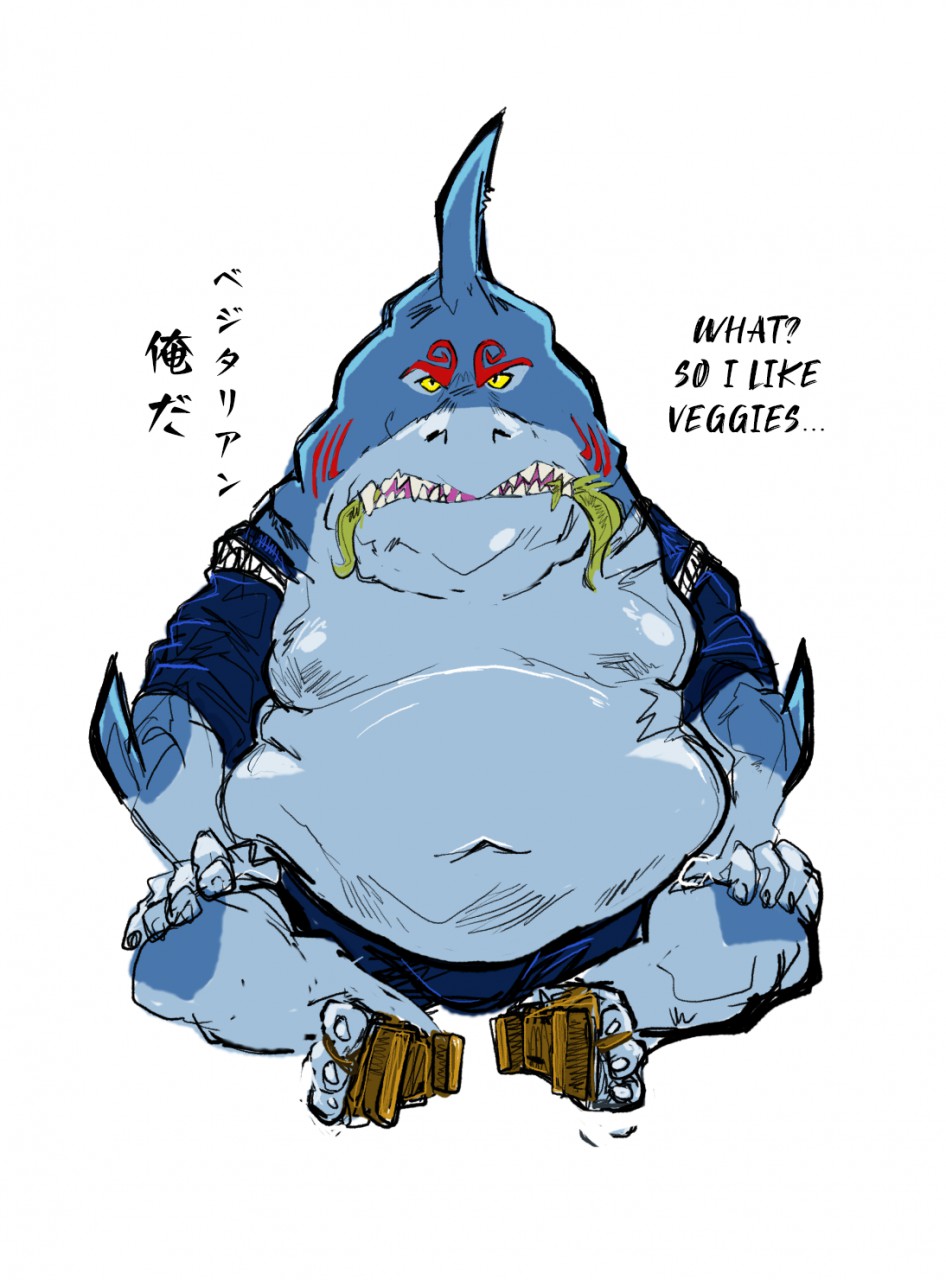 anthro aokmaidu chummer_(yo-kai_watch) clothing fish footwear geta hi_res japanese_clothing looking_at_viewer male marine navel overweight overweight_male shark simple_background sitting solo video_games white_background yo-kai_watch