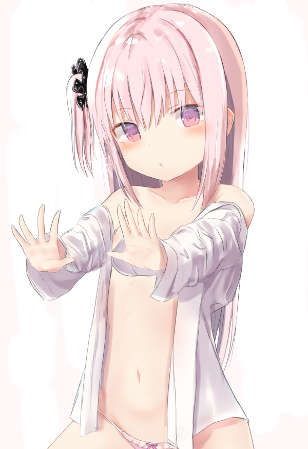 1girl :o eyebrows_visible_through_hair hair_between_eyes hair_ornament long_hair looking_at_viewer navel open_clothes open_mouth open_shirt original panties pink_eyes pink_hair pink_panties shirt simple_background solo underwear undressing white_shirt yuki_(yukin0128)