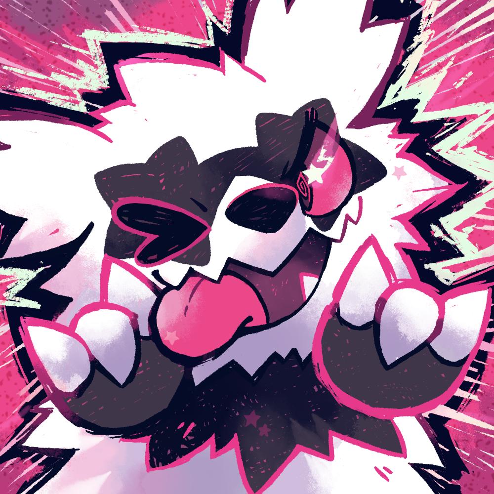 1:1 2019 ambiguous_gender black_fur close-up crayonchewer fangs fur galarian_zigzagoon nintendo one_eye_closed pok&eacute;mon pok&eacute;mon_(species) regional_variant solo tongue tongue_out video_games white_fur wink