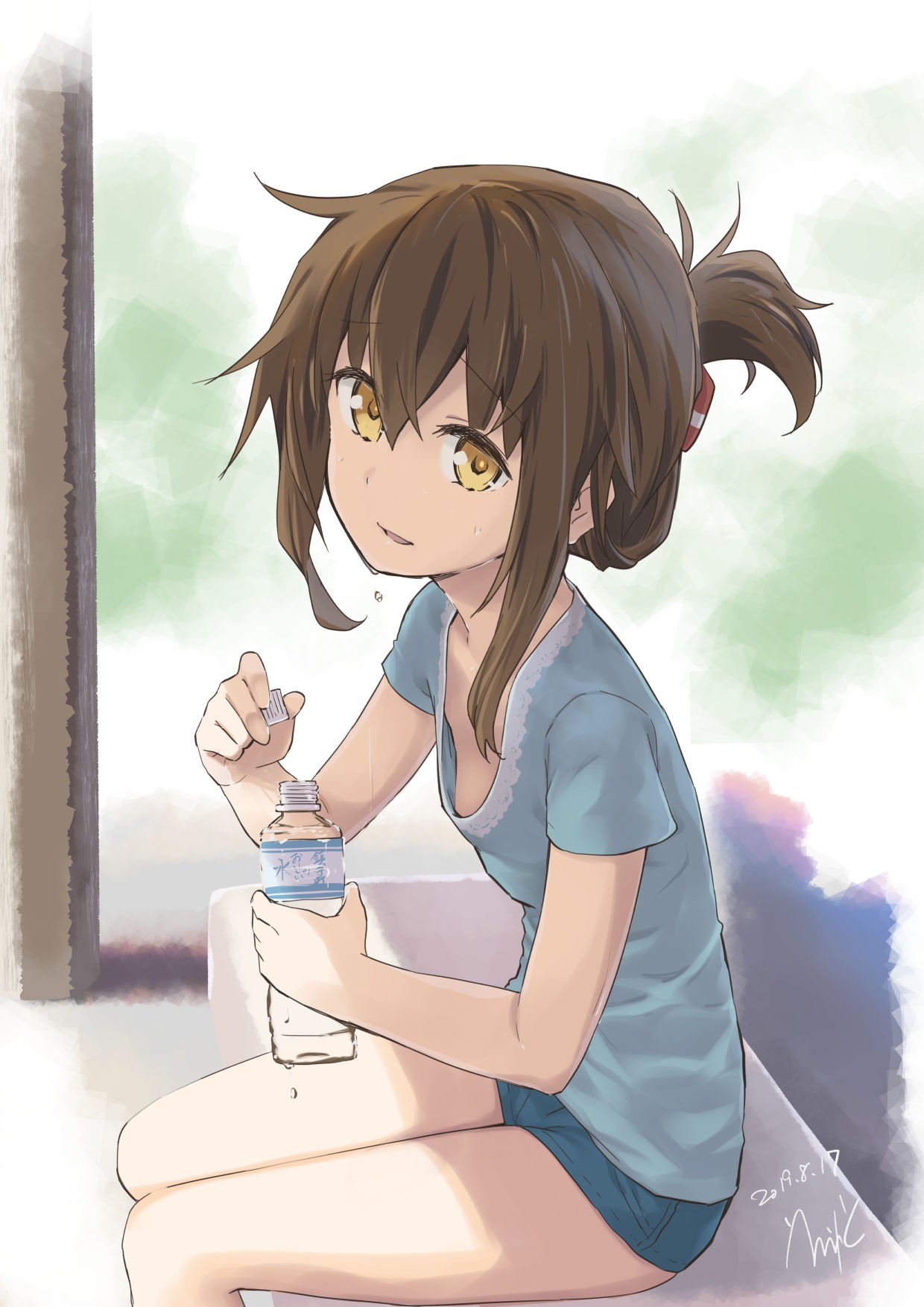 1girl blue_shirt bottle breasts brown_hair casual commentary_request errant folded_ponytail highres holding holding_bottle inazuma_(kantai_collection) kantai_collection long_hair looking_at_viewer looking_to_the_side shirt short_shorts short_sleeves shorts sitting small_breasts solo sweat yellow_eyes