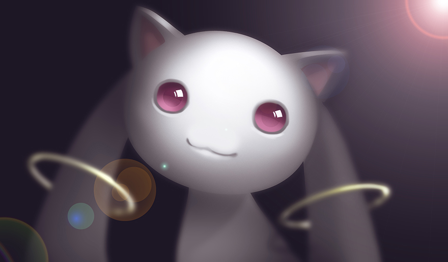 2016 :3 ambiguous_gender bust_portrait digital_media_(artwork) ears_up feral fur gradient_background halo incubator_(species) jewelry kyubey lens_flare light_skin looking_at_viewer mahou_shoujo_madoka_magica pink_eyes portrait purple_background simple_background soft_focus solo soul_devouring_eyes stare white_fur white_skin 猫伊