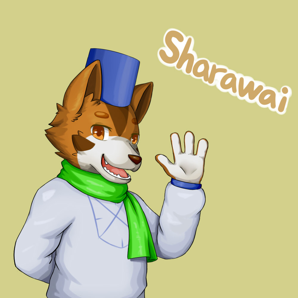 1:1 2017 4_fingers anthro brown_fur brown_nose canid canine canis character_name cheek_tuft clothed clothing domestic_dog fingers fur gesture hat headgear headwear inner_ear_fluff kemono looking_at_viewer male mammal multicolored_fur norphen open_mouth open_smile orange_eyes pink_tongue scarf simple_background smile solo sweater tan_background teeth text tongue topwear tuft waving white_fur