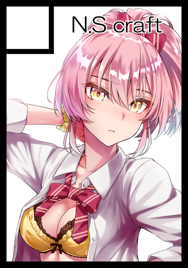 1girl arm_up bangs black_border blush border bow bra breasts circle_cut cleavage closed_mouth collared_shirt dress_shirt eyelashes hair_between_eyes hair_bow idolmaster idolmaster_cinderella_girls jougasaki_mika long_hair long_sleeves looking_at_viewer medium_breasts open_clothes open_shirt pink_hair ponytail scrunchie shirt simon_(n.s_craft) simple_background solo underwear white_background white_shirt wrist_scrunchie yellow_bra yellow_eyes