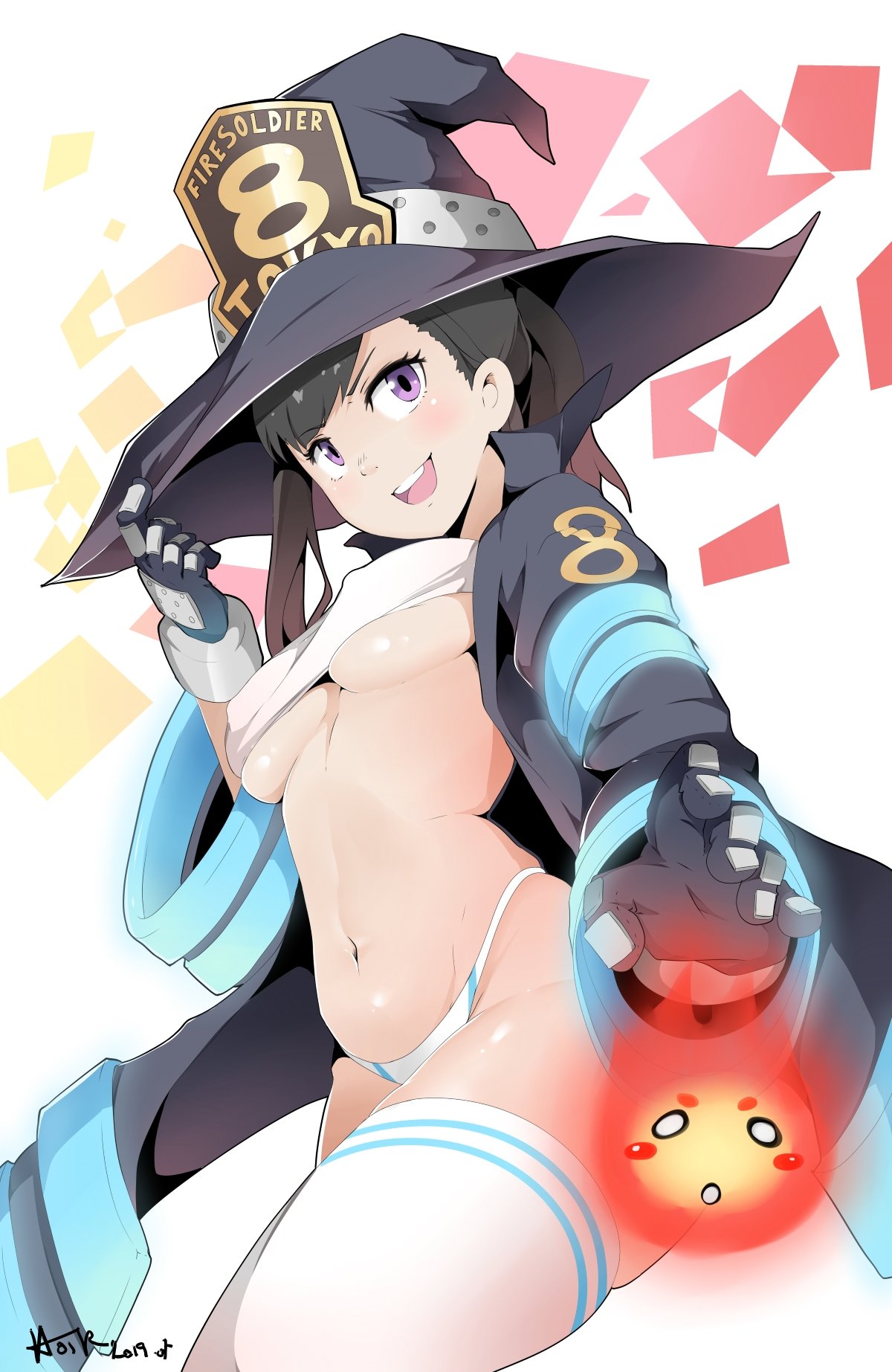 1girl 2019 bangs black_coat black_gloves black_hair blush breasts coat commentary covered_nipples doyagao en'en_no_shouboutai english_commentary fire from_below gloves grin hand_up hat hat_tug highres hot_vr maki_oze medium_breasts multicolored multicolored_background navel neon_trim open_clothes open_coat open_mouth orange_background pink_background ponytail purple_eyes red_background round_teeth shiny shiny_skin signature smile smug solo spirit standing swept_bangs teeth thighhighs underboob v-shaped_eyebrows white_background white_bikini_bottom white_legwear white_tubetop witch_hat
