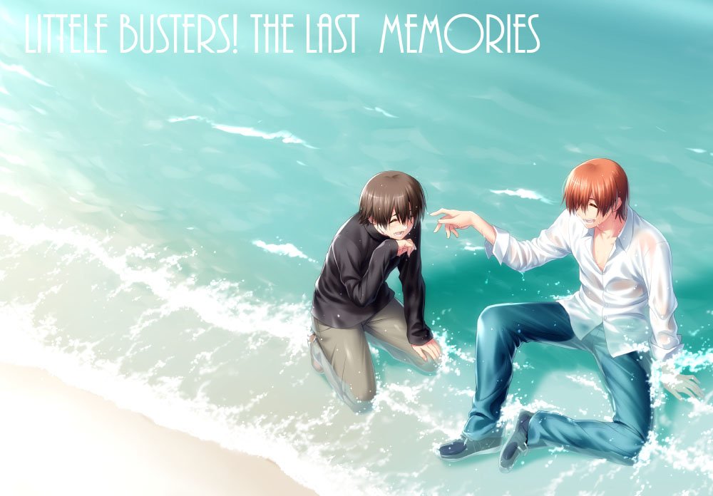 2boys beach black_hair black_sweater blue_pants brown_hair brown_pants closed_eyes commentary_request copyright_name denim dress_shirt full_body jeans kneeling little_busters! long_sleeves multiple_boys naoe_riki natsume_kyousuke pants shirt sitting sweater typo waves wet wet_clothes white_shirt zen