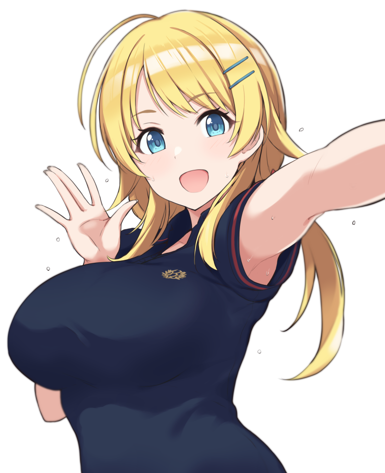 1girl ahoge armpits bangs blonde_hair blue_eyes blue_shirt breasts commentary_request eyebrows_visible_through_hair hachimiya_meguru hair_ornament hairclip idolmaster idolmaster_shiny_colors large_breasts long_hair low_twintails mitsukazu_(nijigen_complex) open_mouth outstretched_arm polo_shirt shirt smile solo twintails