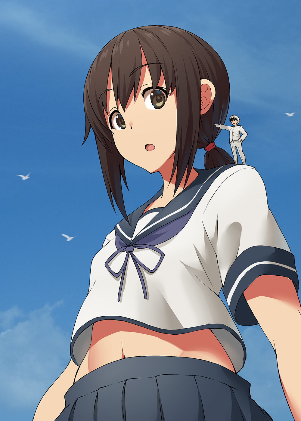 1boy 1girl admiral_(kantai_collection) black_hair blue_skirt breasts brown_eyes day fubuki_(kantai_collection) giantess gloves hand_on_hip highres jacket kantai_collection kuro_oolong long_sleeves looking_at_another medium_hair midriff navel open_mouth outdoors pleated_skirt pointing ponytail school_uniform serafuku short_sleeves sidelocks size_difference skirt small_breasts standing_on_person upper_body white_gloves white_jacket