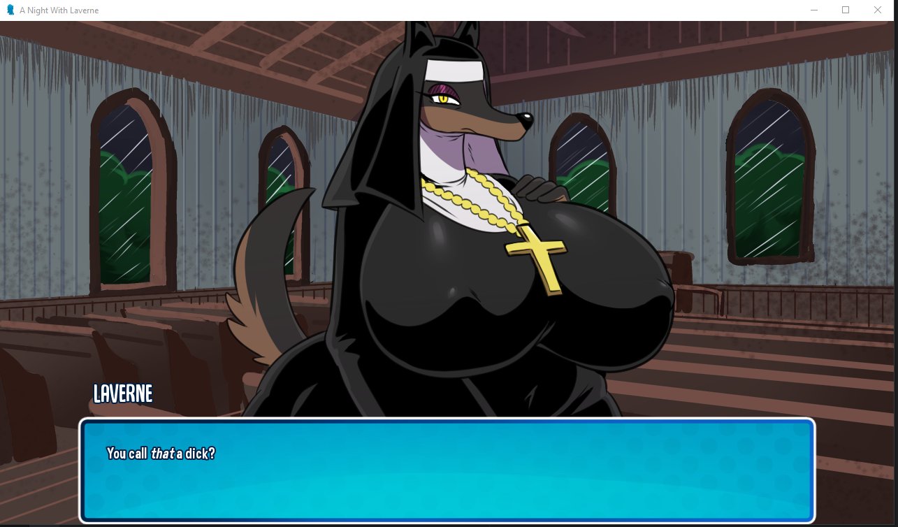 2018 anthro big_breasts black_nose breasts canid canine canis christian_symbol christianity clothed clothing dialogue dobermann domestic_dog english_text eyeshadow female fully_clothed hand_on_breast huge_breasts inside laverne_(sssonic2) looking_at_viewer makeup mammal nipple_outline nun pinscher purple_eyeshadow religion slightly_chubby solo sssonic2 standing text voluptuous wide_hips yellow_eyes