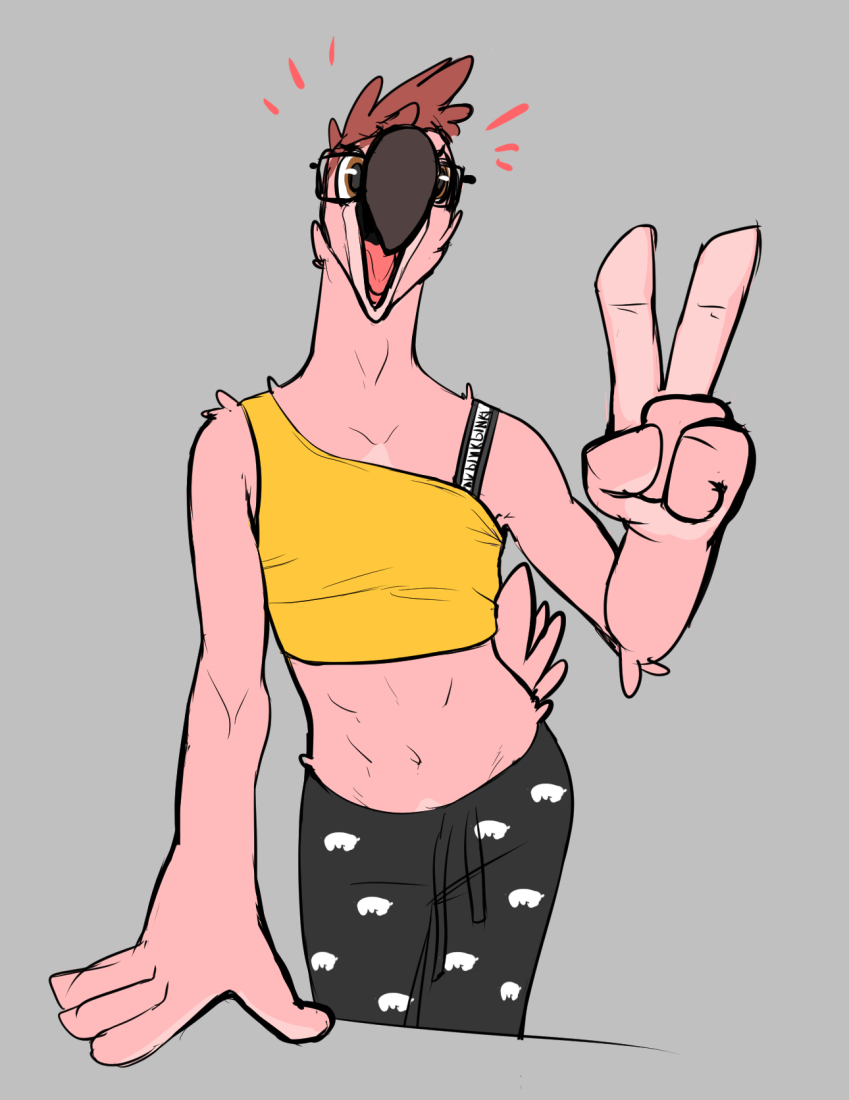 anthro avian beak bird clothed clothing crossdressing eyewear flamingo gesture glasses male open_mouth ritts simple_background solo standing v_sign