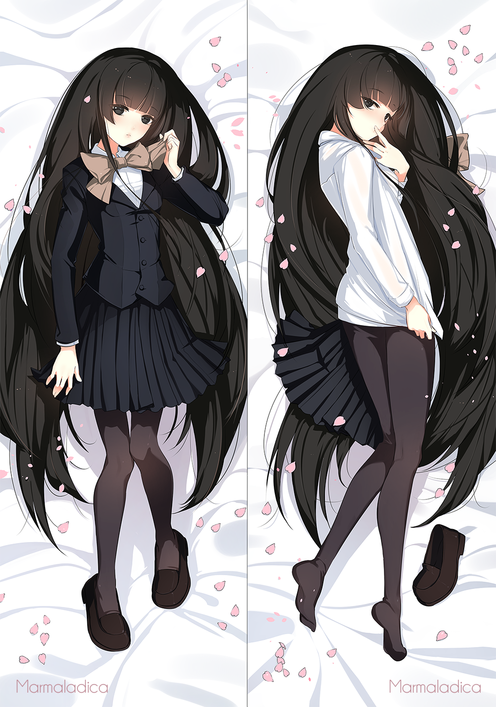 1girl artist_name bangs bed_sheet black_eyes black_footwear black_hair black_jacket black_legwear black_skirt blazer blunt_bangs blush bow bowtie brown_bow brown_neckwear closed_mouth commentary commission dakimakura english_commentary eyebrows_visible_through_hair finger_to_mouth full_body highres jacket kouyouen_academy_uniform loafers long_hair long_sleeves looking_at_viewer lying marmalade_(elfless_vanilla) multiple_views no_shoes on_back on_side pantyhose petals pleated_skirt school_uniform shirt shoes shoes_removed skirt skirt_removed suou_kuyou suzumiya_haruhi_no_yuuutsu very_long_hair white_shirt