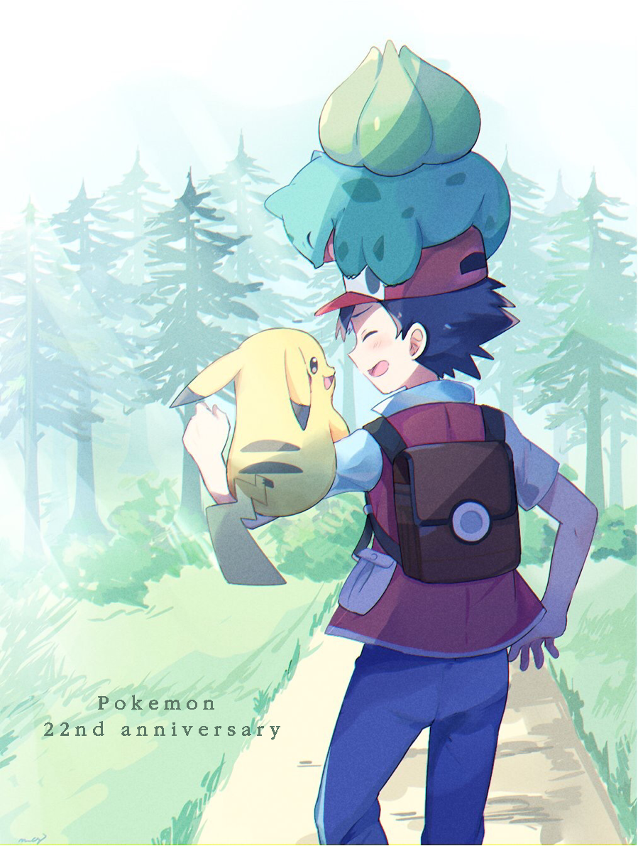 1boy arm_up artist_name backpack bag baseball_cap black_eyes black_hair blue_pants blue_sky blush bulbasaur bush closed_eyes copyright_name day english_text forest from_behind gen_1_pokemon grass happy hat light_blush looking_at_another male_focus mei_(maysroom) nature open_mouth outdoors pants pikachu poke_ball_theme pokemon pokemon_(creature) pokemon_(game) pokemon_on_head pokemon_rgby red_(pokemon) red_headwear red_vest revision shirt short_sleeves signature sky smile standing sunlight tree vest white_shirt