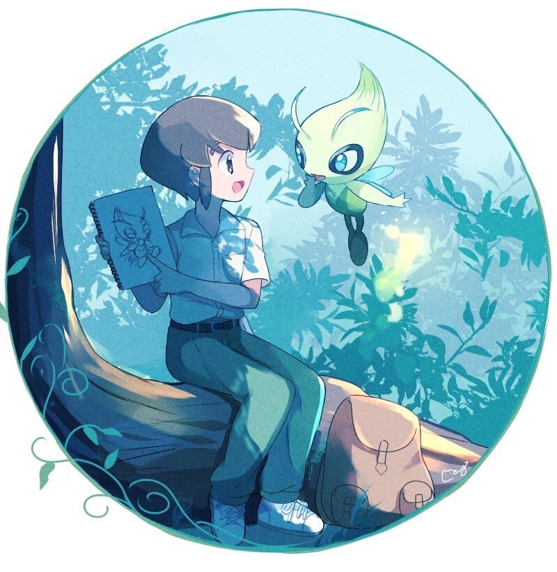 1boy antennae artist_name backpack bag belt blue_eyes brown_hair celebi eye_contact fairy_wings floating full_body gen_2_pokemon green_eyes green_pants hand_up hands_up happy holding jpeg_artifacts legendary_pokemon looking_at_another male_focus mei_(maysroom) notebook ookido_yukinari open_mouth outdoors pants pointing pokemon pokemon_(anime) pokemon_(creature) pokemon_m04 shirt shoes short_sleeves sideways_mouth signature sitting smile tree white_footwear white_shirt wings