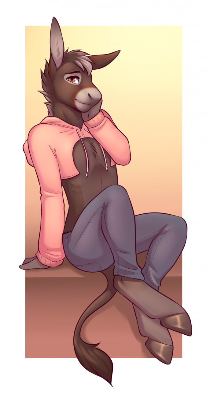 2018 anthro asinus biped bottomwear brown_eyes brown_fur brown_hair clothed clothing digital_media_(artwork) donkey equid equine fur hair hi_res hoodie hooves jeans lockworkorange looking_at_viewer male mammal meme pants pose simple_background sitting smile solo topwear twitter_hoodie