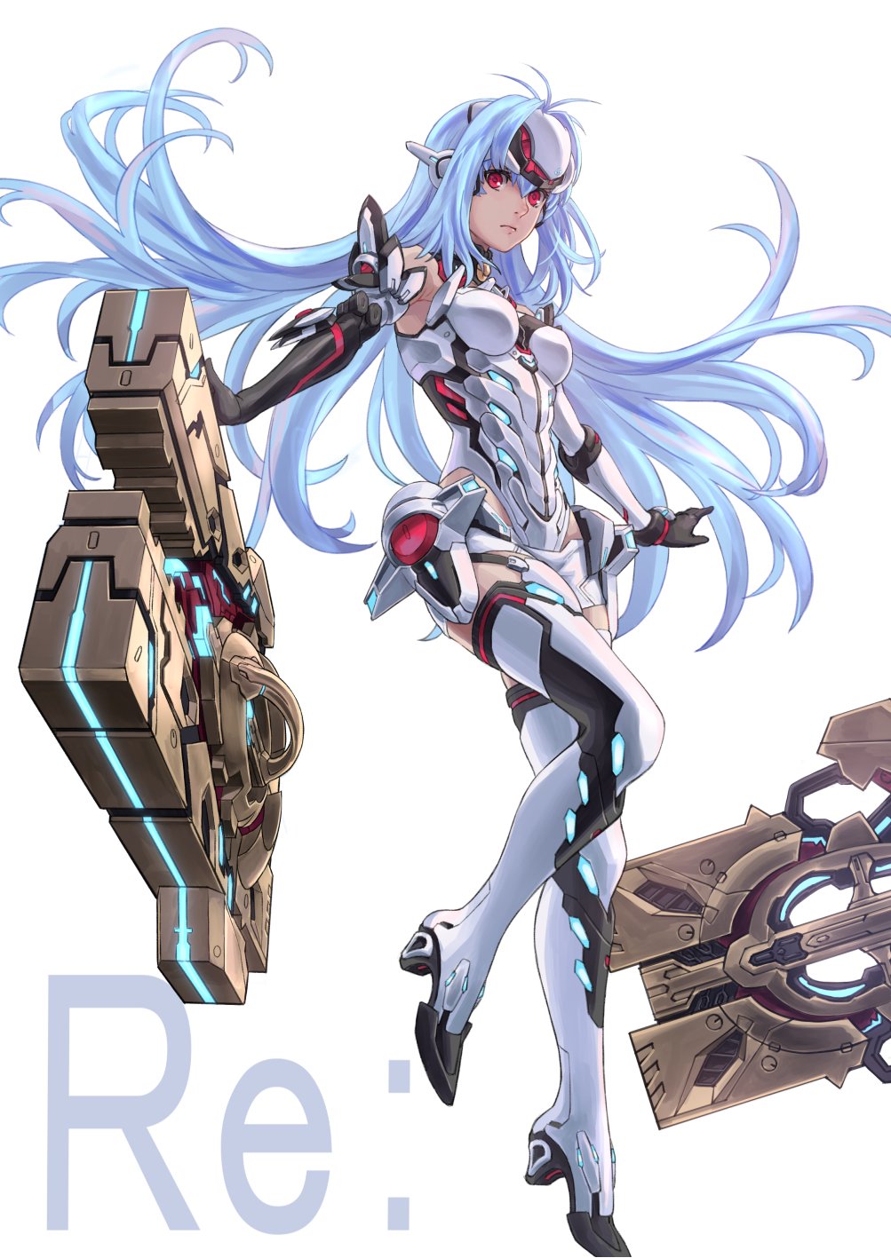 1girl android bare_shoulders blue_hair breasts commentary_request dual_wielding elbow_gloves expressionless forehead_protector gloves goo_goo789 gun highres holding huge_weapon kos-mos_re: large_breasts leotard long_hair looking_at_viewer red_eyes solo standing thighhighs title very_long_hair weapon white_background white_leotard xenoblade_(series) xenoblade_2 xenosaga