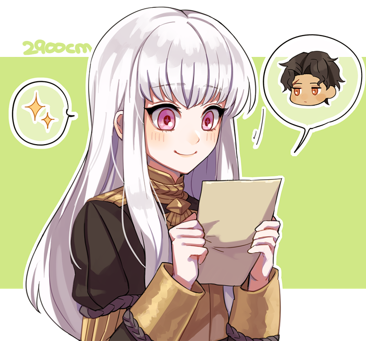 1boy 1girl 2900cm black_hair brown_hair cyril_(fire_emblem) fire_emblem fire_emblem:_three_houses holding holding_letter long_hair lysithea_von_ordelia purple_eyes reading red_eyes short_hair smile tan uniform white_hair