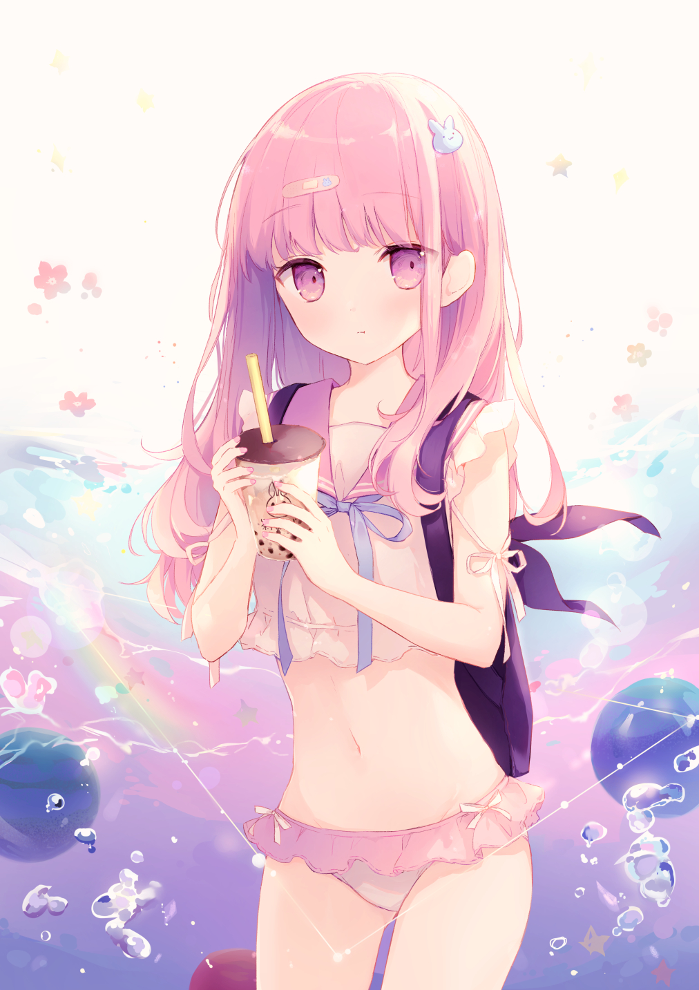 1girl :t ass_visible_through_thighs backpack bag bandaid bangs bare_arms bare_shoulders blue_ribbon blush bubble_tea bunny_hair_ornament closed_mouth commentary_request cowboy_shot crop_top cup disposable_cup drinking_straw eyebrows_visible_through_hair fingernails frilled_bikini_bottom hair_ornament hands_up highres holding holding_cup long_hair looking_at_viewer nail_polish neck_ribbon original pink_hair pink_nails pink_sailor_collar pout purple_eyes ribbon sailor_collar shirt sleeveless sleeveless_shirt solo suzumori_uina water_drop white_bikini_bottom white_shirt