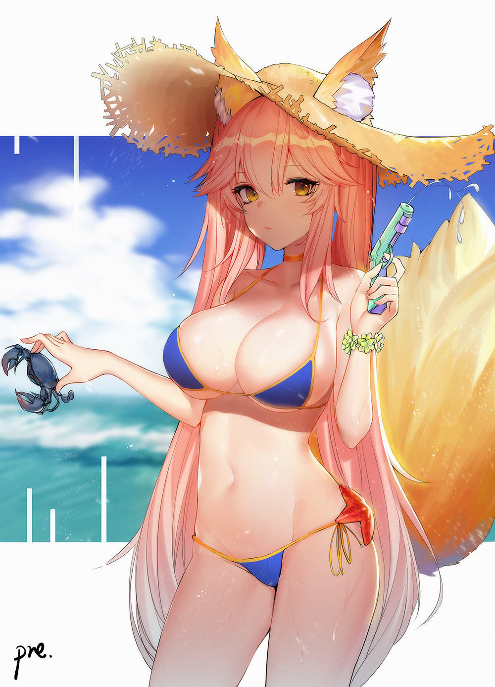 1girl animal animal_ear_fluff animal_ears artist_name bangs bare_arms bare_shoulders bikini blue_bikini breasts brown_hat choker cleavage cloud cloudy_sky collarbone commentary_request cowboy_shot crab day ears_through_headwear expressionless eyebrows_visible_through_hair fate/grand_order fate_(series) firing flower_bracelet fox_ears fox_girl fox_tail groin hair_between_eyes hat highres holding holding_animal large_breasts long_hair looking_at_viewer navel orange_choker orange_eyes orange_ribbon outdoors outside_border pink_hair pre_(17194196) ribbon side-tie_bikini signature sky solo starfish stomach straight_hair straw_hat string_bikini swimsuit tail tamamo_(fate)_(all) tamamo_no_mae_(swimsuit_lancer)_(fate) twintails water water_gun