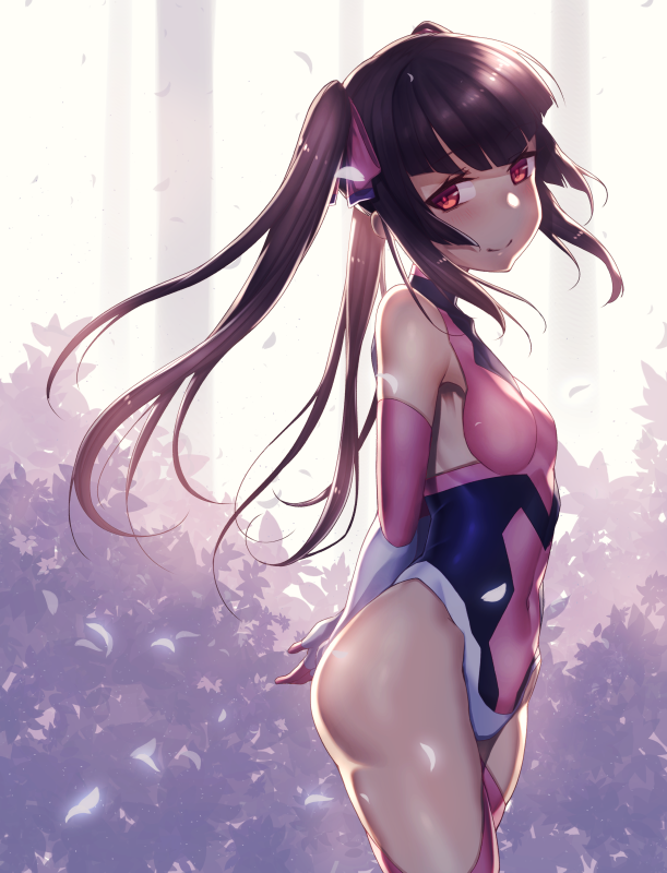 1girl arms_behind_back ass backlighting bangs bare_shoulders black_hair black_leotard blunt_bangs blurry blush breasts bush closed_mouth covered_navel cowboy_shot depth_of_field elbow_gloves eyebrows_visible_through_hair falling_petals from_side gloves hair_ribbon halterneck hips legs_together leotard light_smile long_hair looking_at_viewer looking_to_the_side magical_girl multicolored multicolored_clothes multicolored_gloves multicolored_leotard outdoors petals pink_gloves pink_legwear pink_leotard pink_ribbon red_eyes ribbon senki_zesshou_symphogear shiny shiny_hair shiny_skin sidelocks skin_tight skindentation small_breasts smile solo standing straight_hair thighhighs thighs tree tsukamoto_kensuke tsukuyomi_shirabe turtleneck twintails white_gloves