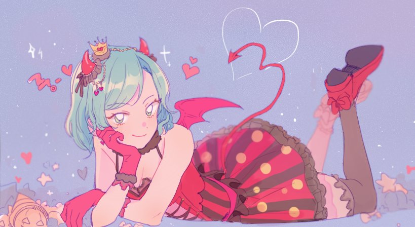 1girl aqua_hair bang_dream! black_legwear blue_background bow breasts chin_rest cleavage crown demon_costume demon_horns demon_tail demon_wings dress feet_up fur_collar gloves halloween halloween_costume heart hikawa_hina horns jewelry looking_at_viewer mini_crown over-kneehighs red_bow red_dress red_footwear red_gloves red_wings res2shuu shoes short_hair smile solo striped tail thighhighs vertical-striped_dress vertical_stripes wings