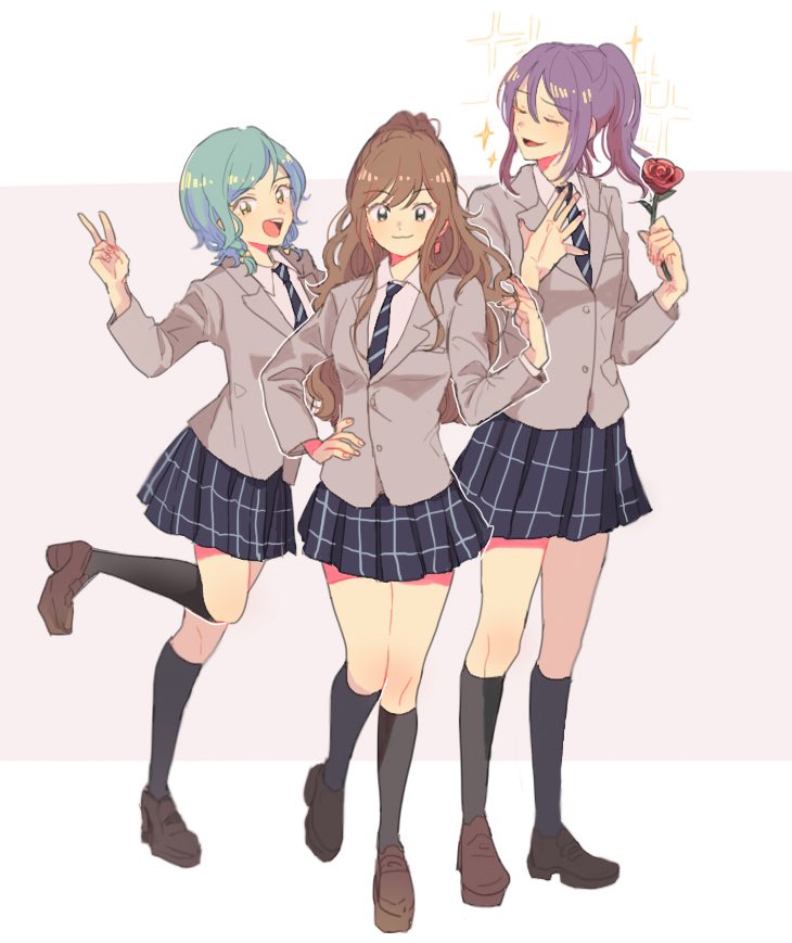 3girls :d aqua_hair bang_dream! bangs black_legwear blazer brown_footwear commentary english_commentary flower full_body grey_jacket half_updo hand_in_hair hand_on_hip hand_on_own_chest haneoka_school_uniform hikawa_hina holding holding_flower imai_lisa jacket kneehighs loafers looking_at_viewer miniskirt multiple_girls open_mouth plaid plaid_skirt pleated_skirt ponytail purple_hair red_flower red_rose res2shuu rose school_uniform seta_kaoru shoes short_hair side_braids sidelocks simple_background skirt smile sparkle standing standing_on_one_leg u_u v