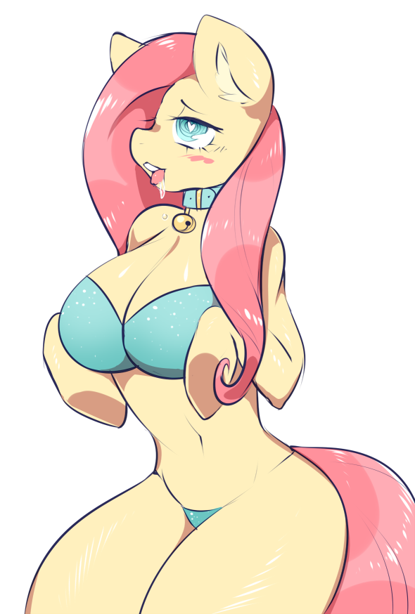 &lt;3 &lt;3_eyes 2019 anthro bell_collar big_breasts blush bodily_fluids bra breasts clothing collar digital_media_(artwork) drooling female fluttershy_(mlp) friendship_is_magic my_little_pony napdust saliva solo tongue tongue_out underwear