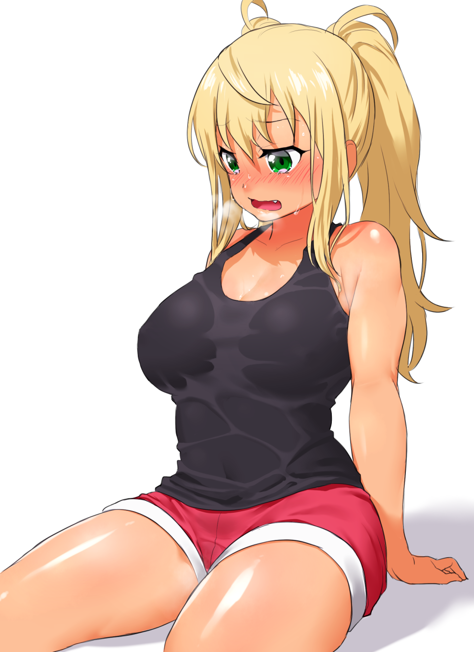 1girl bare_shoulders black_tank_top blonde_hair breasts crying danberu_nan_kiro_moteru? dark_skin green_eyes highres large_breasts long_hair onsoku_maru open_mouth red_shorts sad sakura_hibiki_(danberu_nan_kiro_moteru?) short_shorts shorts simple_background sitting solo sweat tan tank_top tears white_background