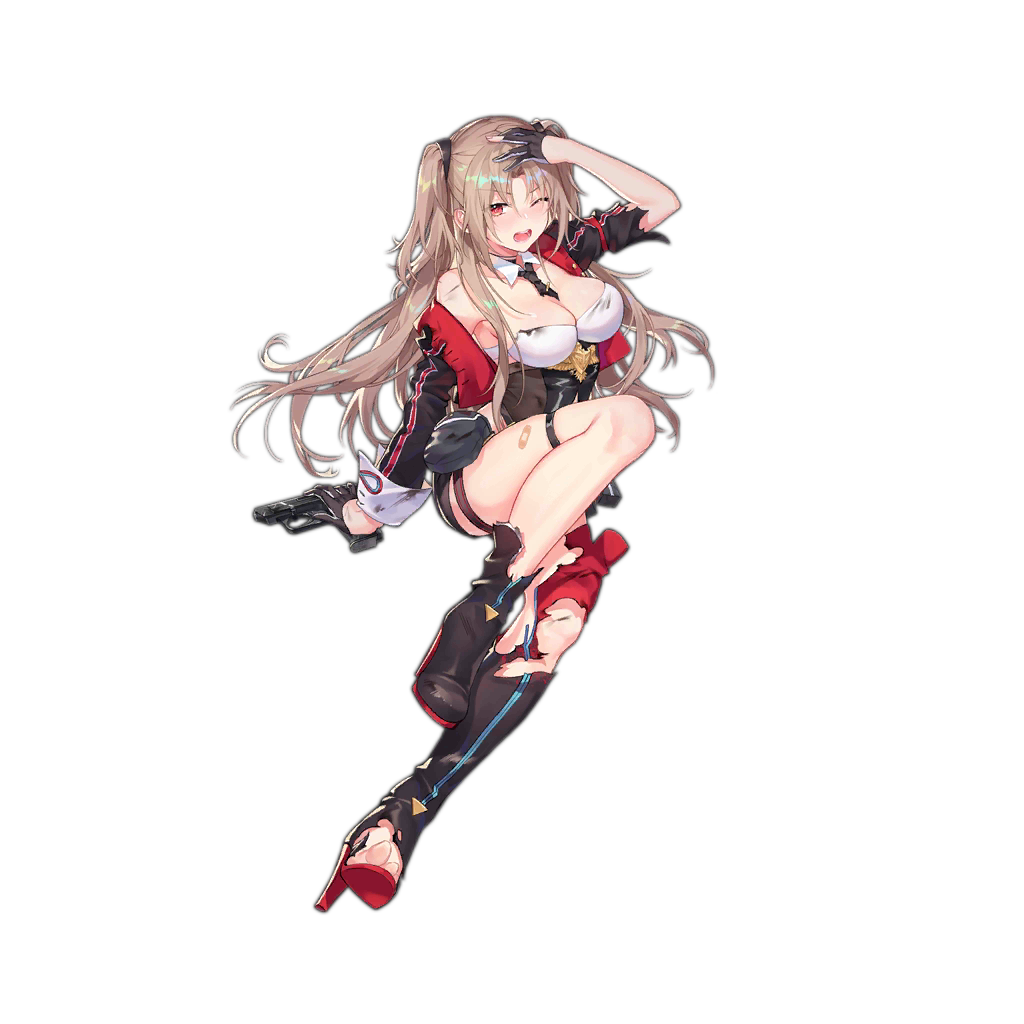 1girl ammunition_pouch bandaid bangs belt black_neckwear black_shorts blush boots breasts buckle damaged detached_collar eyebrows_visible_through_hair full_body girls_frontline gloves gradient_footwear grey_gloves gun h&amp;k_vp70 hair_ornament half_gloves hand_up handgun heckler_&amp;_koch high_heel_boots high_heels highleg highleg_leotard holding holding_gun holding_weapon knee_pads knee_up large_breasts leotard light_brown_hair long_hair looking_at_viewer medal medallion micro_shorts multicolored_leotard navel_cutout necktie official_art one_eye_closed open_mouth parted_bangs pistol pouch red_eyes red_footwear shorts shrug_(clothing) sidelocks skindentation sleeve_cuffs solo star tachi-e thigh_boots thighhighs torn_clothes transparent_background two_side_up vp70_(girls_frontline) weapon