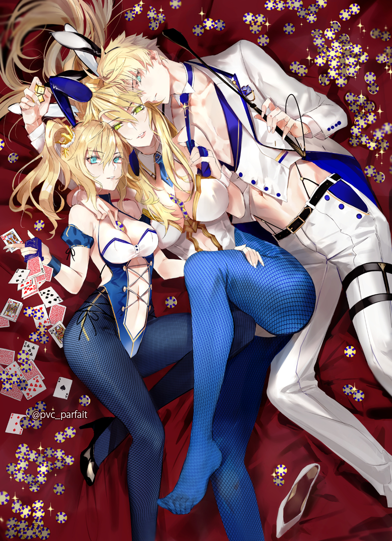 1boy 2girls ahoge animal_ears arm_around_neck arthur_pendragon_(fate) artoria_pendragon_(all) artoria_pendragon_(lancer) artoria_pendragon_(swimsuit_ruler)_(fate) bangs bare_shoulders belt belt_buckle black_footwear blue_eyes blue_legwear blue_leotard blue_neckwear blush breasts buckle bunny_ears bunnysuit card center_opening cleavage collarbone crown detached_collar eyebrows_visible_through_hair fake_animal_ears fate/grand_order fate_(series) fishnet_pantyhose fishnets from_above green_eyes hair_between_eyes high_heels highleg highleg_leotard holding_dice jacket large_breasts leg_up leotard long_hair long_sleeves looking_at_viewer lying medium_breasts multiple_girls navel necktie necktie_grab neckwear_grab on_back open_clothes open_jacket pants pantyhose parted_lips playing_card poker_chip ponytail pvc_parfait riding_crop saber shoes_removed smile stomach thigh_strap twitter_username vest white_footwear white_jacket white_leotard white_pants white_vest wrist_cuffs
