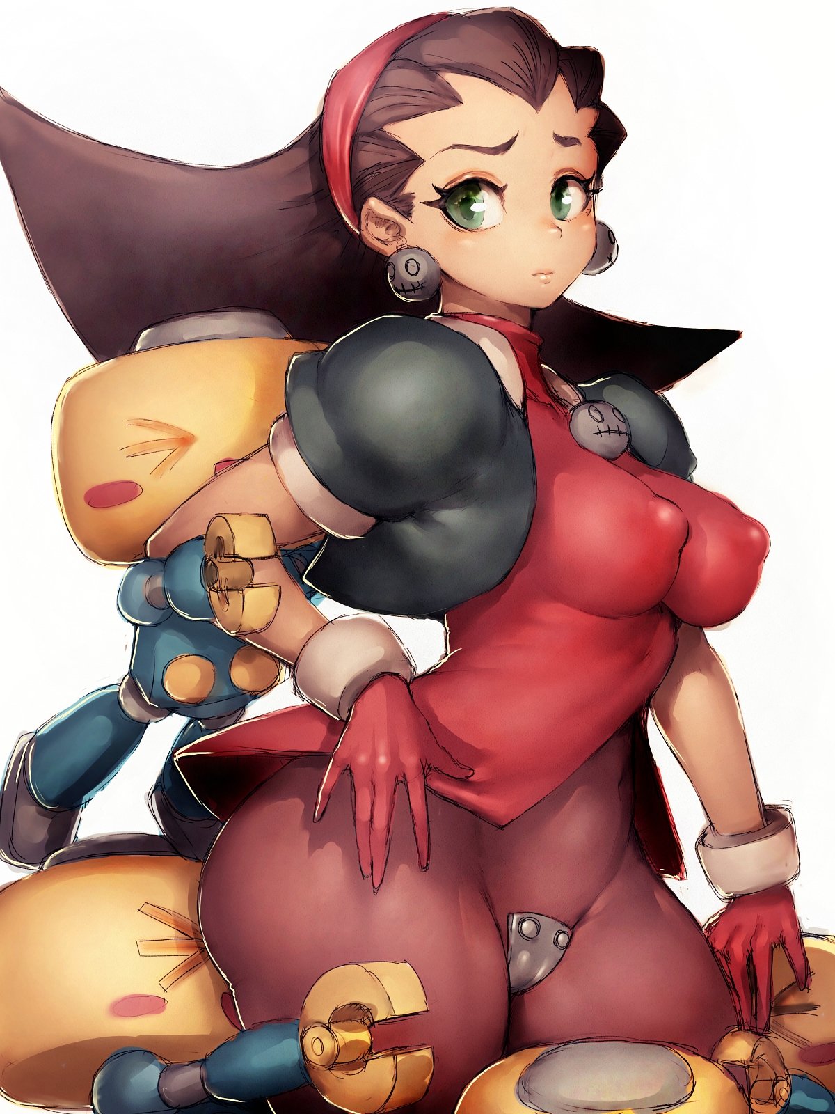 1girl breasts brown_hair cameltoe commentary_request covered_nipples face_in_ass fumio_(rsqkr) gloves green_eyes hairband highres jewelry kobun large_breasts long_hair necklace red_gloves rockman rockman_dash simple_background thick_thighs thighs tron_bonne white_background