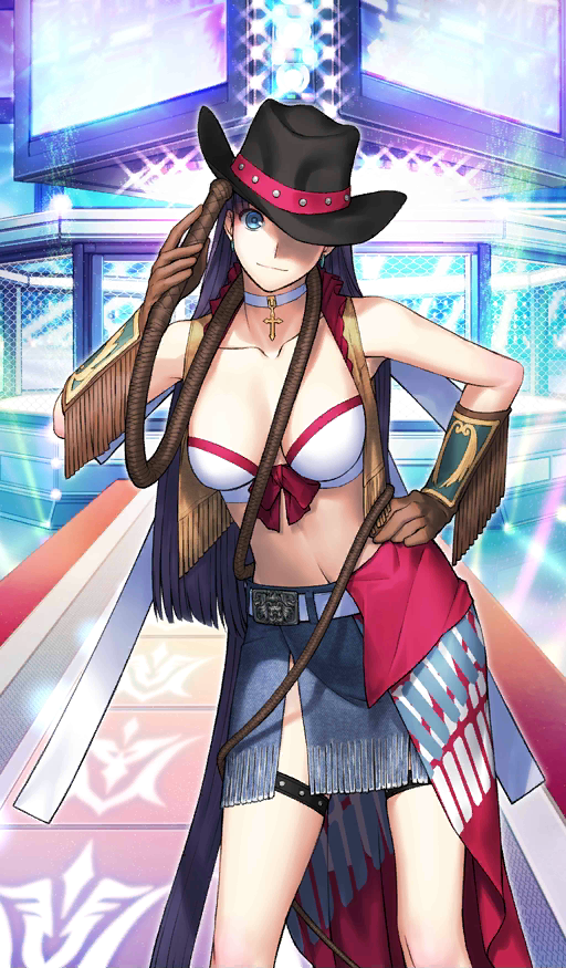 1girl adjusting_clothes adjusting_hat bare_arms bare_legs bare_shoulders bikini_top blue_eyes breasts brown_footwear brown_gloves choker cowboy_hat cross denim denim_skirt dress fate/grand_order fate_(series) gloves hand_on_hip hat heroic_spirit_festival_outfit large_breasts leather leather_gloves leather_vest looking_at_viewer midriff official_art purple_hair saint_martha sakamoto_mineji skirt solo western whip white_bikini_top