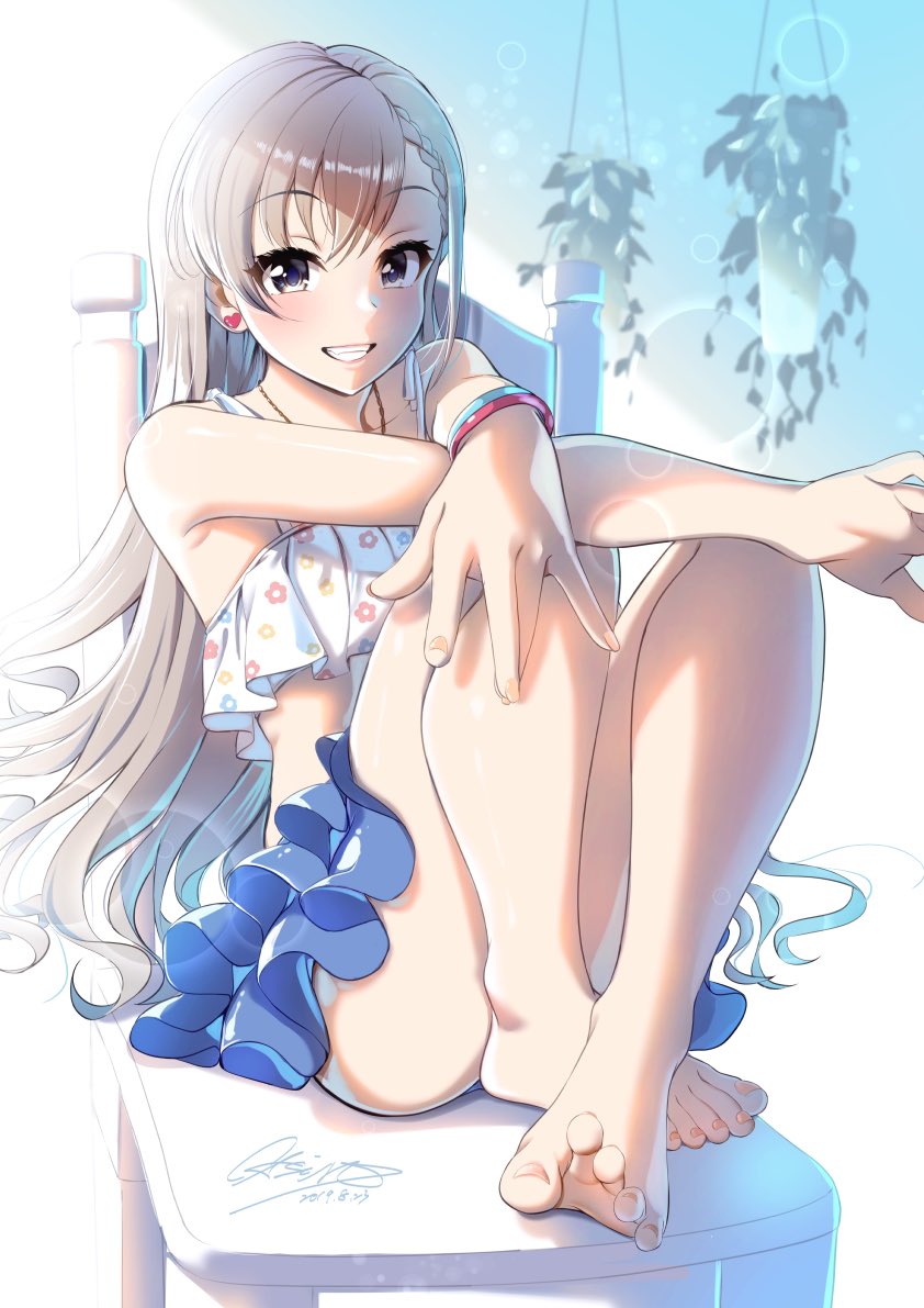 1girl ass backlighting bangs bare_shoulders barefoot bikini blue_bikini_bottom braid casino_(casinoep) chair collarbone commentary_request crossed_arms dated eyebrows_visible_through_hair feet full_body grey_eyes grey_hair grin hair_between_eyes hisakawa_hayate idolmaster idolmaster_cinderella_girls idolmaster_cinderella_girls_starlight_stage knees_up legs long_hair looking_at_viewer mismatched_bikini on_chair outstretched_arms signature sitting smile soles solo swimsuit very_long_hair white_bikini_top