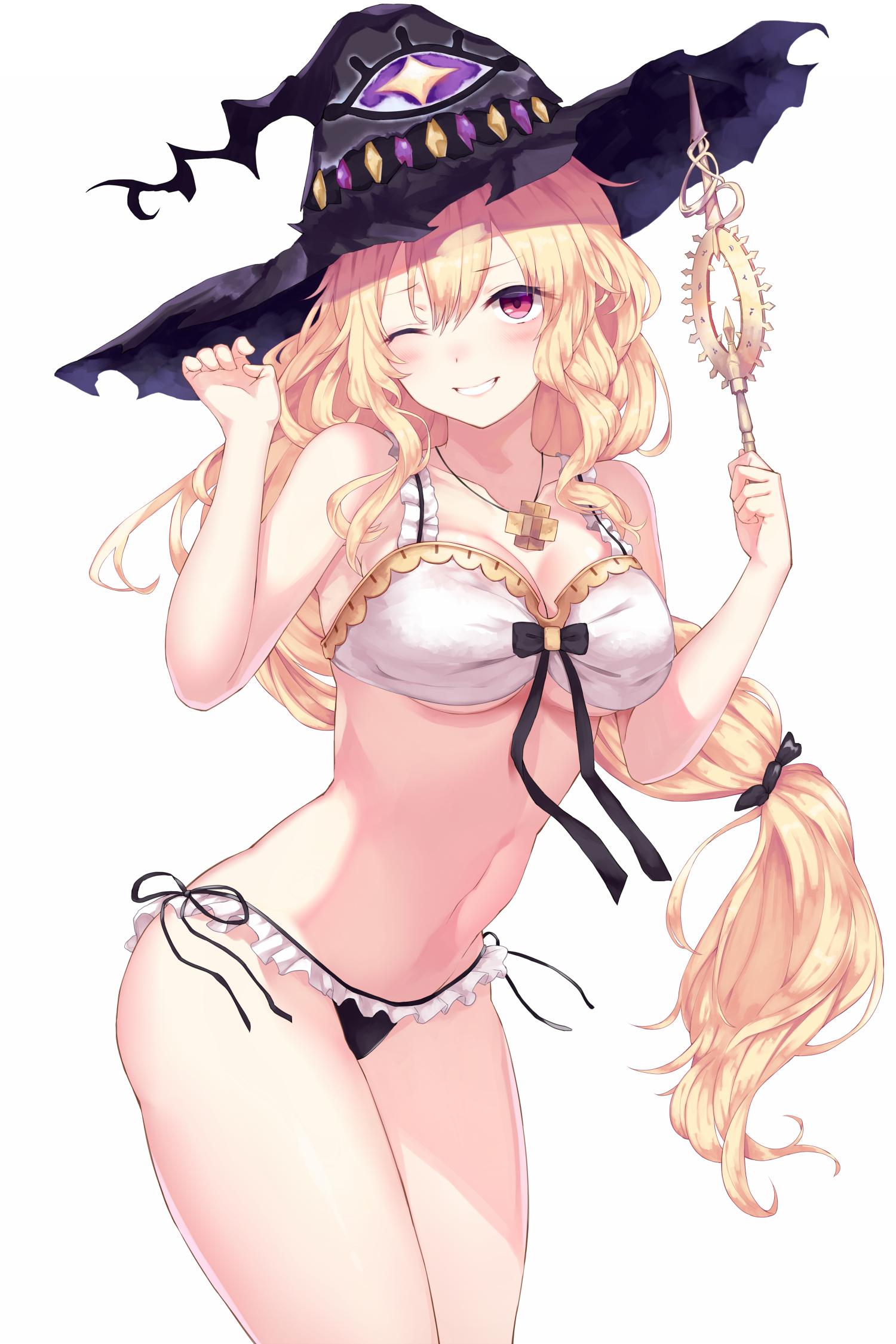 1girl ;d bangs bare_arms bare_shoulders bikini black_headwear blonde_hair blush breasts cleavage collarbone cowboy_shot dorothy_(shingeki_no_bahamut) frilled_bikini frills grin hands_up hat highres jewelry large_breasts long_hair looking_at_viewer low-tied_long_hair navel necklace one_eye_closed open_mouth red_eyes shingeki_no_bahamut side-tie_bikini simple_background smile solo stomach swimsuit thighs very_long_hair white_background white_bikini witch_hat yamato_(muchuu_paradigm)