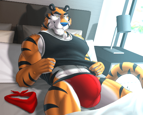 2d_animation 5:4 animated anthro bandanna bed bedding bedroom better_version_at_source big_bulge blanket bulge cheek_tuft clothing crotch_tuft dream_and_nightmare facial_hair felid feline frosted_flakes kellogg's low_res lying male mammal mascot muscular muscular_male nipples pantherine pillow seductive smile solo teasing teeth tiger tony_the_tiger topwear tuft undressing
