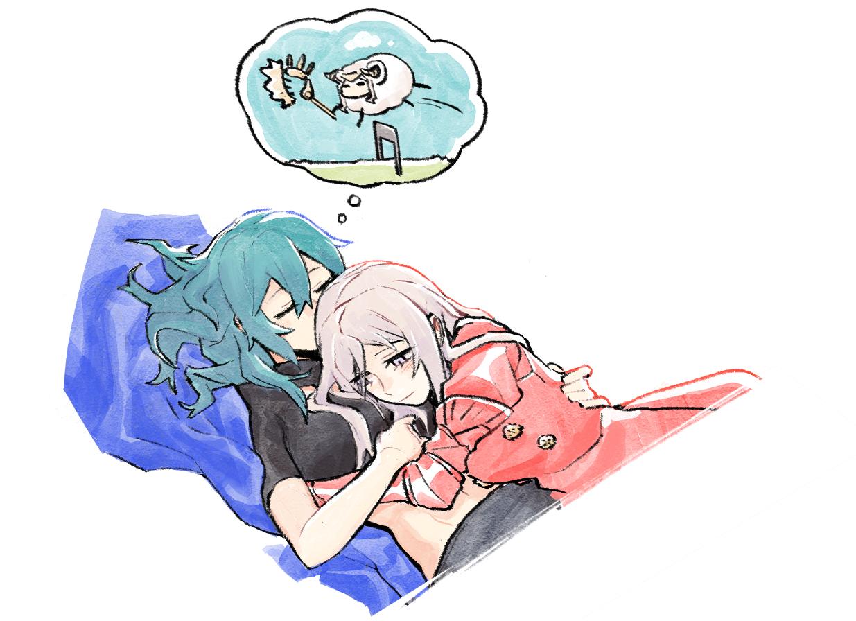 2girls axe bento_(yz) blush byleth_(fire_emblem) byleth_(fire_emblem)_(female) closed_eyes dreaming edelgard_von_hresvelg fire_emblem fire_emblem:_three_houses green_hair hug jumping long_hair midriff multiple_girls sheep silver_hair simple_background sleeping spooning upper_body yuri