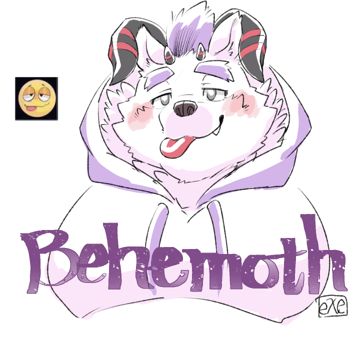 behemoth_(housamo) blush clothing dopey exe_exem fur hair hoodie horn male monster purple_hair tokyo_afterschool_summoners tongue topwear video_games white_fur