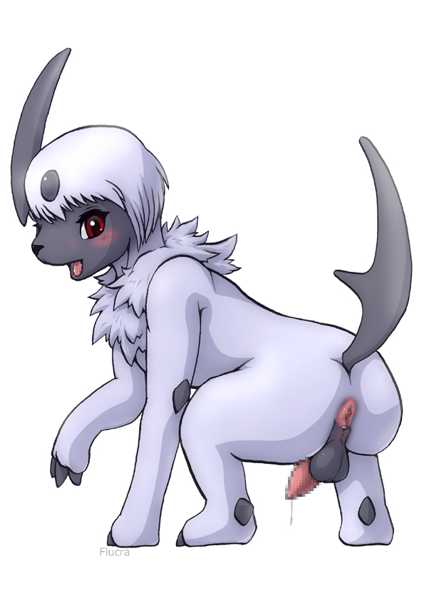 absol anus balls blush bodily_fluids censored dripping feral flucra fur genital_fluids hair looking_at_viewer male mosaic_censorship nintendo open_mouth penis pok&eacute;mon pok&eacute;mon_(species) red_eyes simple_background solo text video_games white_background white_fur