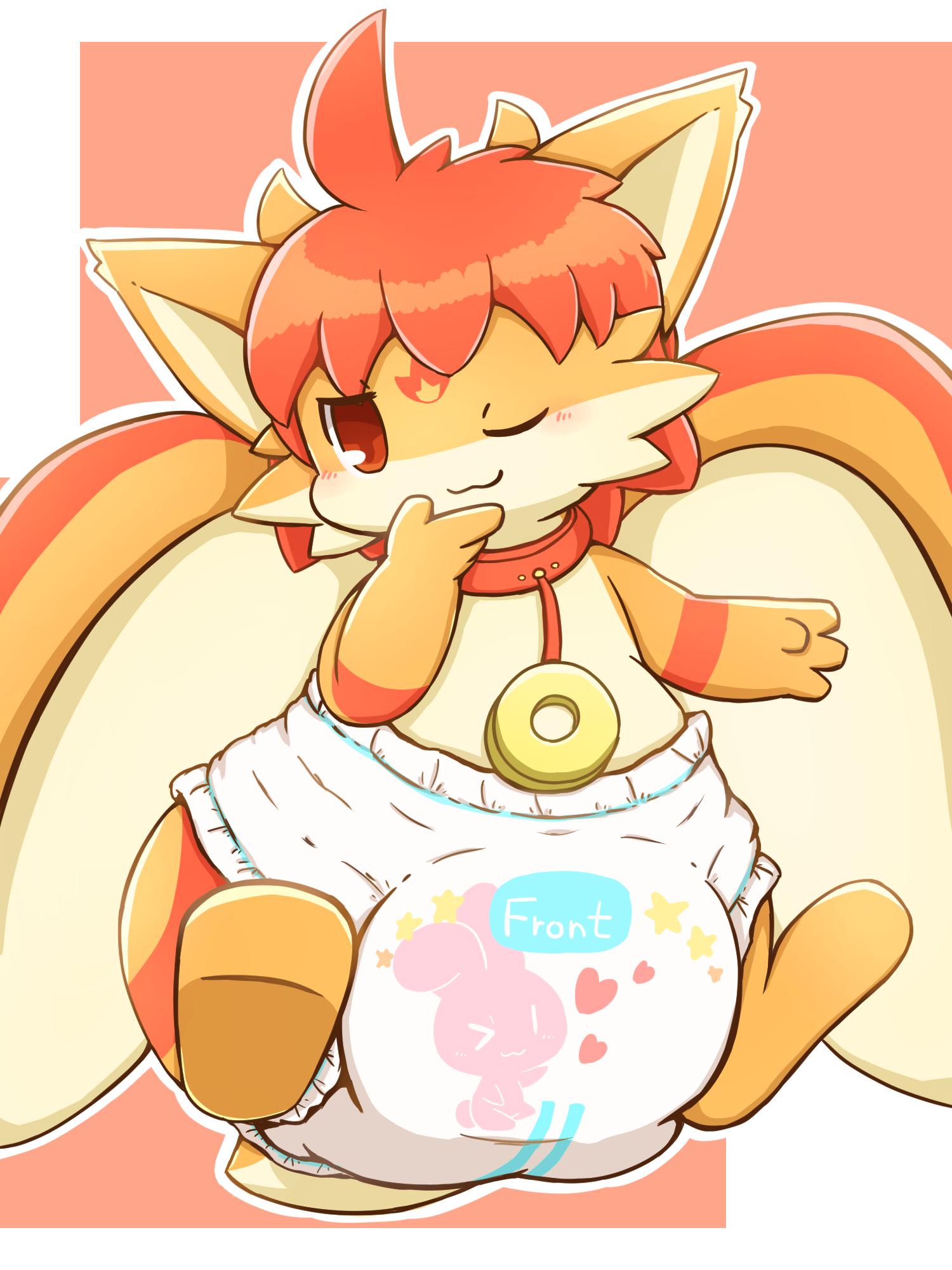 2019 4_fingers ambiguous_gender blush collar diaper dragon fingers floating furgonomics hair hi_res one_eye_closed red_eyes red_hair rokesys simple_background
