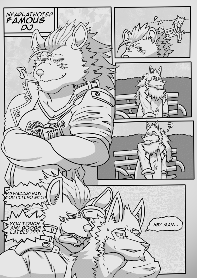 bench canid canine canis comic edogast english_text hyaenid male mammal managarmr_(housamo) muscular muscular_male nyarlathotep_(housamo) sitting text tokyo_afterschool_summoners tongue video_games wolf