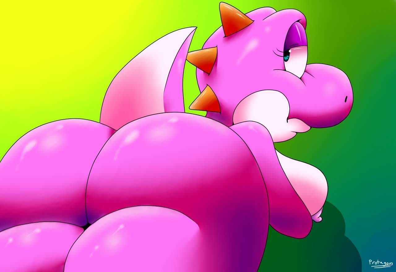 anthro bent_over big_butt breasts butt female looking_back mario_bros nintendo nipples nude pink_body pink_yoshi presenting presenting_hindquarters protagon reptile scalie solo thick_thighs video_games wide_hips yoshi